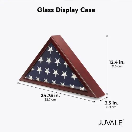 Large Flag Box Display Case for Burial Flag, Veterans, Triangle Holder for a Folded 5' x 9.5' Military Flag with Wall Mount and Glass Front (Cherry Wood Finish, 24.7 x 12.4 x 3.5 In) Brown {5}
