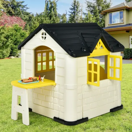 HDPE Playhouse Set with Slide, Table and Cover for Kids Yellow {4}