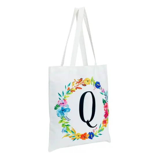 Set of 2 Reusable Monogram Letter Q Personalized Tote Bags for Women, Floral Design (29 Inches) White {6}