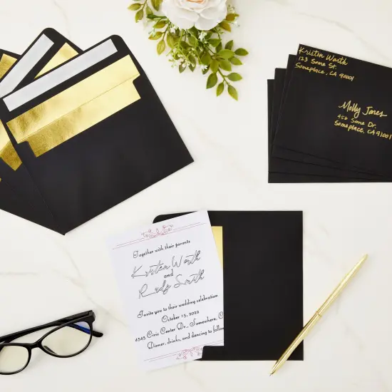 50 Pack Black 4x6 Envelopes with Gold Lining for Birthday Greeting Cards, Wedding Invitations, Photos, Self-Adhesive Peel and Stick (A6) {2}