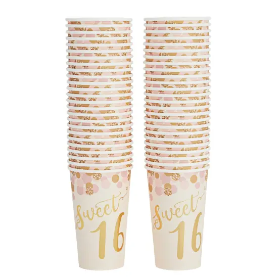 50 Pack 16 oz Paper Pink Party Cups for Girls Sweet 16 Party Supplies (Rose Gold Foil) {5}