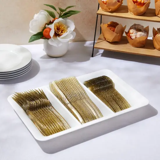 144 Pack Gold Glitter Plastic Silverware for Wedding Party Supplies, Cutlery Includes Forks, Spoons, and Knives (Serves 48) {3}