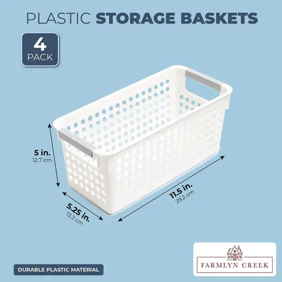 4 Pack White Plastic Baskets with Gray Handles, Narrow Storage Bins for Organizing, Kitchen Shelves, Small Nesting Containers (11.5 x 5.25 x 5 Inches) {6}