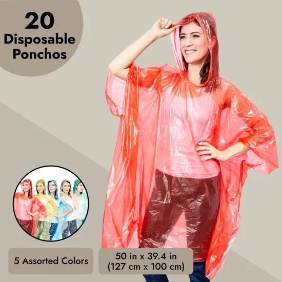 Juvale 20-Pack Disposable Rain Ponchos with Hood for Adults, Lightweight Emergency Plastic Poncho for Outdoor Events, Travel, Camping, Hiking, and Festivals, Clear Multicolor {5}