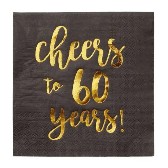 50 Pack Cheers to 60 Years Cocktail Napkins for 60th Birthday, Anniversary Party Supplies, 3-Ply, Black and Gold Foil (5 x 5 In) {4}