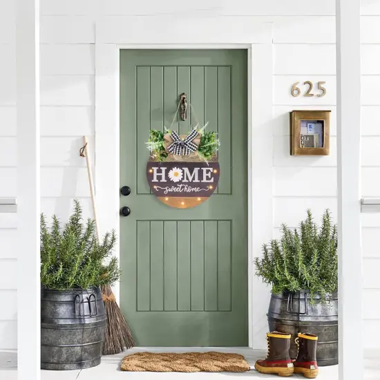 Interchangeable Seasonal Welcome Sign with Wreaths and LED Light {3}