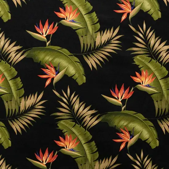 1 Yard Black Tropical Plumeria & Palm Leaf Upholstery Fabric with Bird of Paradise Design, 100% Cotton Barkcloth, 56"-58" Wide {1}
