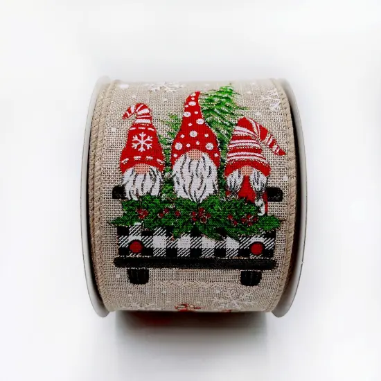 Designer's Shop Holiday Gnomes on truck wired edge ribbon WR 63-5134, 2.5" x 10 yards {1}