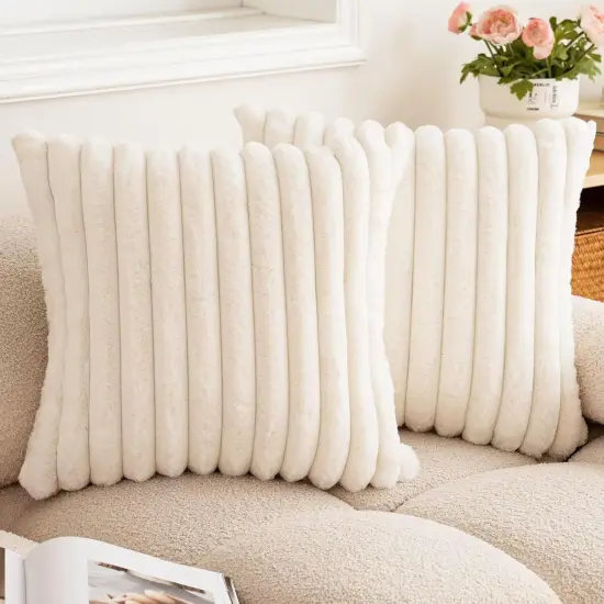 Double-Sided Faux Fur Plush Throw Pillow Covers 18x18 Set of 2 Fuzzy Striped Soft Cozy Pillowcase Luxury Decorative Pillows Square Shaggy Cushion Covers for Couch Sofa Bed,Cream White {1}