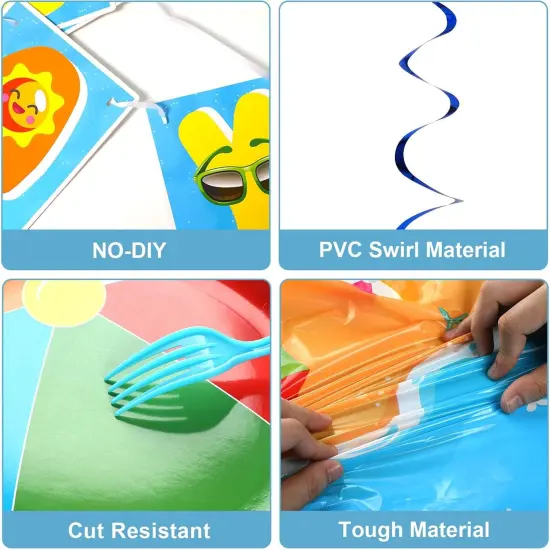 184pcs Summer Beach Ball Party Supplies Set Includes Plates Napkins Cups Tablecloth Swirls Banner Tableware Kit Dispose Summer Pool Birthday Decorations {3}