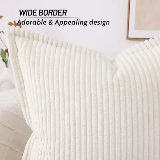 Corduroy Pillow Covers 18x18 Inch Set of 2, Striped Decorative Square Spring Throw Pillow Covers with Wide Border for Couch Living Room Bed, Cream White {3}