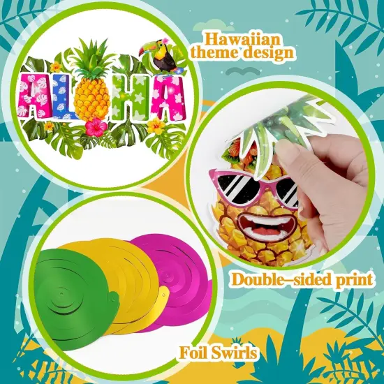30Pcs Hawaiian Luau Ceiling Hanging Decorations, Aloha Flamingo Palm Trees Hibiscus Swirls, Summer Decorations for Party {3}