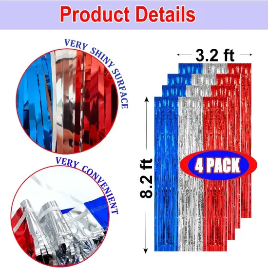 4th of July Decorations- 4 Pack of 3.2x8.2ft Red Silver Blue Tinsel Foil Fringe Curtains for Patriotic Party Memorial Day Independence Day Party Backdrop {2}