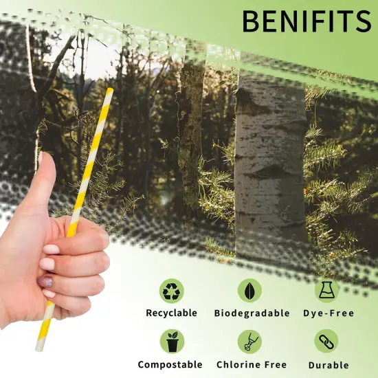 Yellow And White Paper Straws, Pack of 100 Disposable Yellow Striped Cockatil Drinking Straw for Cake Pop Sticks, Anniversary, Birthday Party Supplies {2}