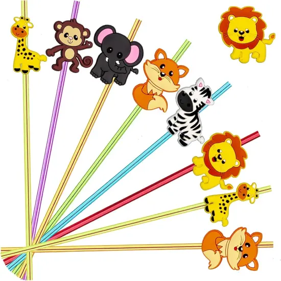 24pcs Reusable Forest Animals Crazy Straws, Drink Cocktail Straws for Lion Fox Zebra Giraffe Safari Birthday Party Supplies Favors, Woodland Party Favors with 2 Cleaning Brushes 6 Colors {1}