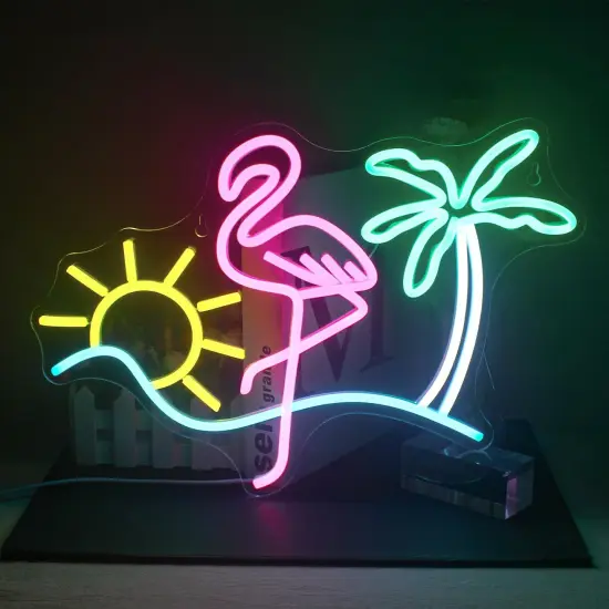 Summer Flamingo & Palm Tree Neon Sign &ndash; Wall Decor for Home Bar, Beach Restaurant & Party (16.5" x 12.2") {1}