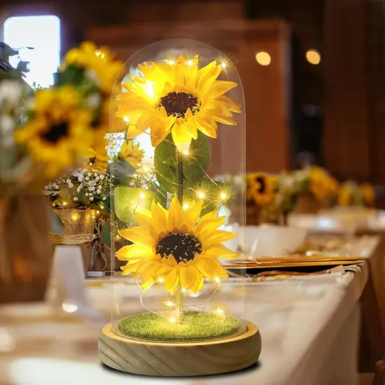 Sunflower Tabletop Gifts for Women Mom Grandma, Enchanted LED Sunflower Lamp, Unique Artificial Flowers in Glass Dome {4}