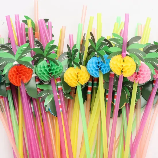 100pcs Coconut Tree Drinking Straws, Disposable Honeycomb Plastic Straws, Tropical Hawaiian Beach Cocktail Pool Luau Party Decorations Supplies {3}