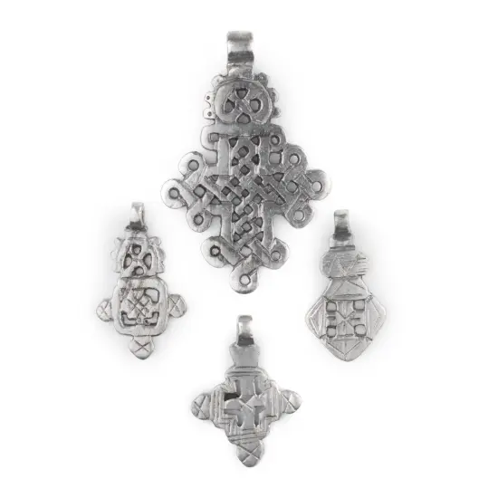 The Bead Chest 4 Pack: Ethiopian Silver Coptic Cross Pendants African White Metal Large Hole Handmade {1}