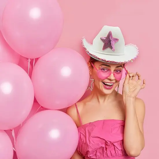 4E's Novelty White Cowgirl Hat with Pink Star, Brim Sequins and Light Pink Heart Sunglasses - Sparkly Cowgirl Hat Perfect Cowgirl Costume for Girls {4}