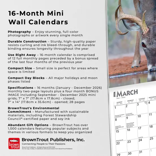 White Tailed Deer | 2026 7 x 14 Inch (Hanging) Monthly Mini Wall Calendar {6}