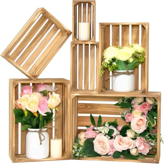 6 Pcs Decorative Wood Crates for Display, 6 Size Large Farmhouse Wooden Basket for Storage Container and Decorations, Rustic Nesting Crates Decor Boxes with Handle {1}