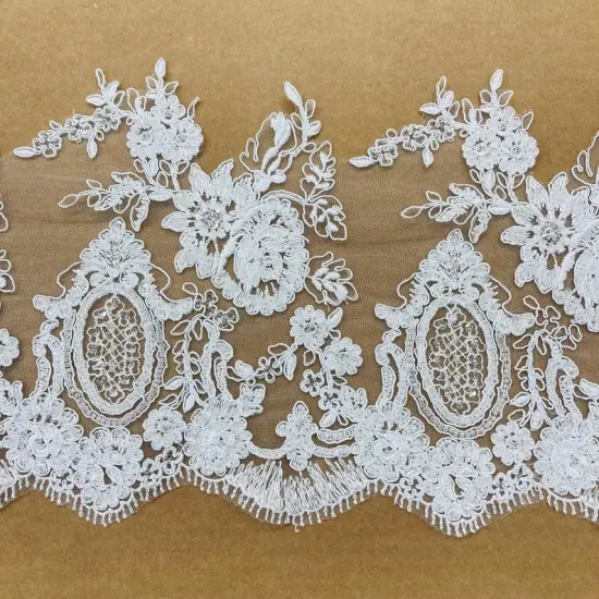 1 Yard Elegant Beaded & Corded Lace Trim on 100% Polyester Mesh, Floral Embroidery Design Ivory {3}