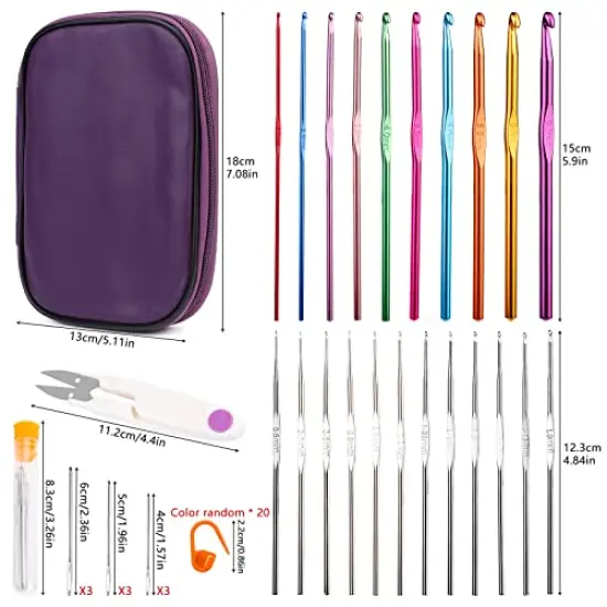 54 Pieces Crochet Needles Set, Crochet Hooks Kit with Purple Storage Case, Ergonomic Knitting Needles Blunt Needles Stitch Marker DIY Hand Knitting Craft Art Tools for Beginners {1}
