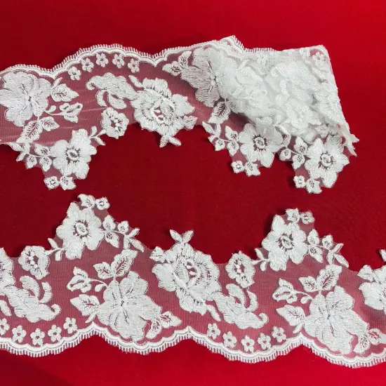 1 Yard Beaded Floral Lace Trimming on 100% Polyester Mesh, Embroidered Lace for Dresses & Decor White with Silver {1}