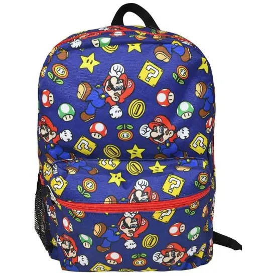 All Over Print 16" Navy Blue Unisex Super Mario Classic Backpack for School {1}