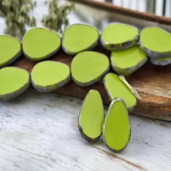 12x18mm Opaque Advacado Green Picasso Table Cut Flat Teardrop Beads {6}