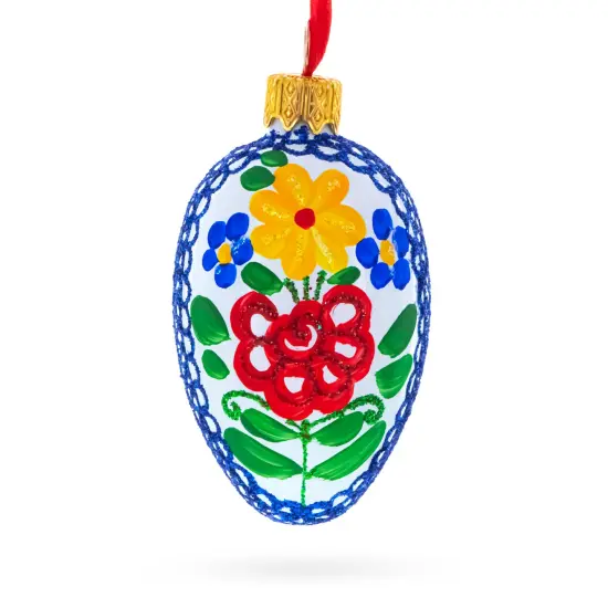 White with Multicolor Floral and Blue Lace Accents Mini Glass Egg Ornament 2.9 Inches {1}
