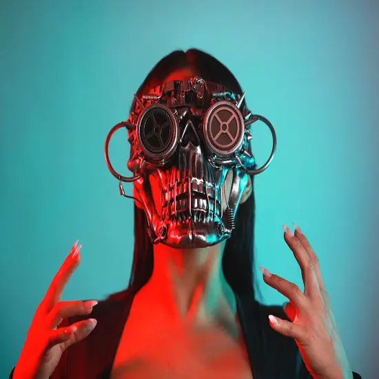 Steamskully Metallic Finish Steampunk Skull with Spiked Goggles Mask {4}