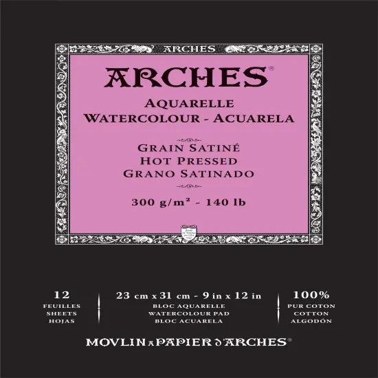 Arches Aquarelle Hot Pressed Watercolor Pad 9"X12"- 140lb, 12 Sheets {1}