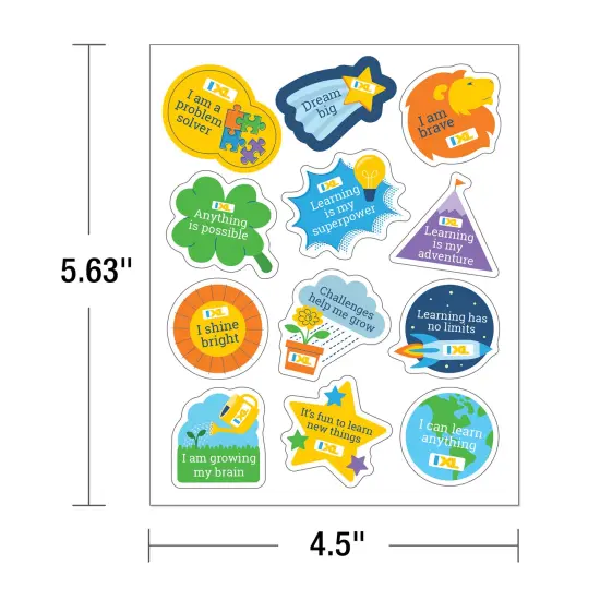 IXL 72 pc Mighty Mindset Stickers, 6 Sheets of Incentives With Positive Affirmations for Schoolwork, Awards, Classroom Prizes, Reward Chart, Planner, Crafts for Kids, Motivational School Supplies {3}
