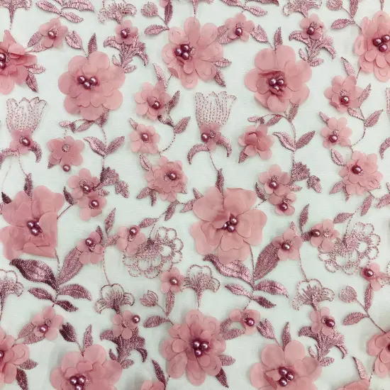 1 Yard Beaded 3D Floral Lace Fabric Embroidered Couture Mesh Dress 49" Width Pink Light {3}