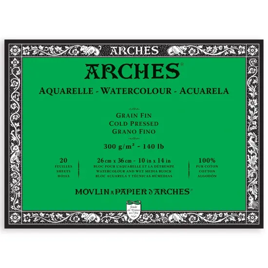 Arches Aquarelle Cold Pressed Watercolor Block 10"X14"- 140lb, 20 Sheets {1}