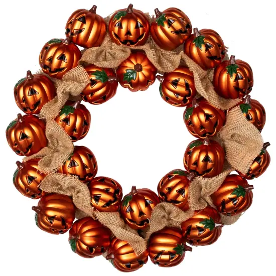 Northlight Jack-O-Lanterns with Burlap Ribbon Artificial Halloween Wreath - 20" - Unlit Orange {3}