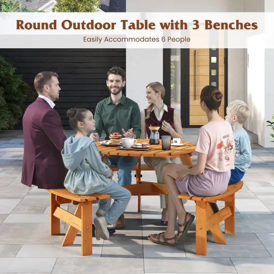 Costway 6-Person Round Picnic Table Set with 3 Built-in Benches 2" Umbrella Hole, Brown/Yellow {6}