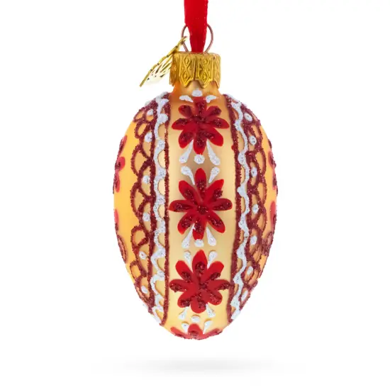 Cream with Red Floral and Lace Accents Mini Glass Egg Ornament 2.9 Inches {3}