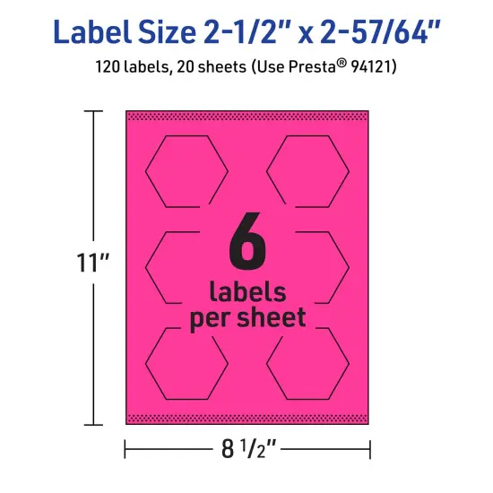 Avery Neon Magenta Paper Labels, 2-1/2" x 2-57/64" Hexagon {5}