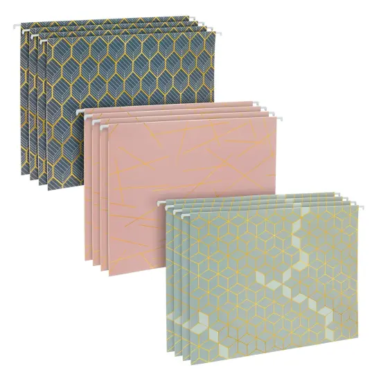 12 Pack Decorative Hanging File Folders with 1/5 Tab, Gold Foil Geometric Design (3 Colors, 11.75 x 9 In) Multicolor {1}