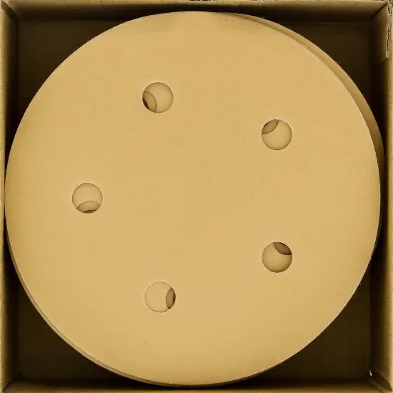 320 Grit - 5" Gold DA Sanding Discs - 5-Hole Pattern Hook and Loop - Box of 50 {2}