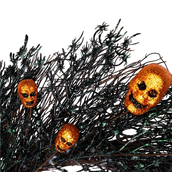 Northlight Glittered Skulls and Spiders Halloween Twig Wreath - 22" - Unlit Black {7}