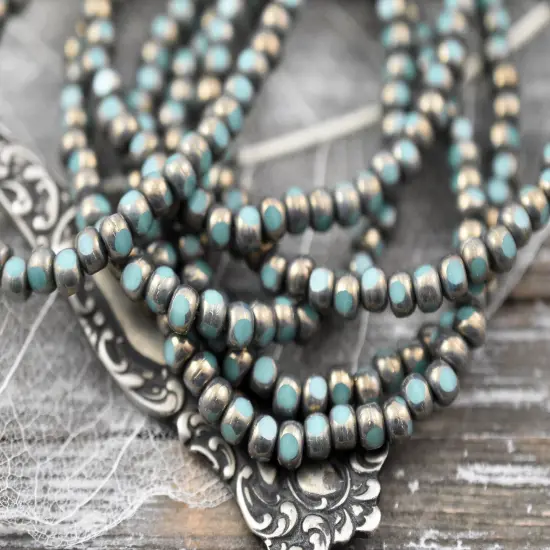 *50* 4x3mm Bronze Washed Turquoise Trica Beads {4}