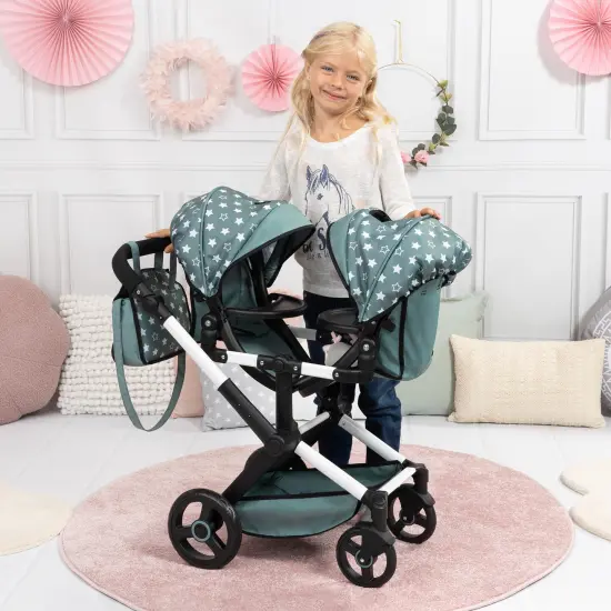 Bayer: Pram Xeo Twin - Green & White Stars - Seats 2 Dolls Up to 18", Shoulder Bag, Adjustable Handle, Foldable, Kids Toy, Ages 3+ {6}