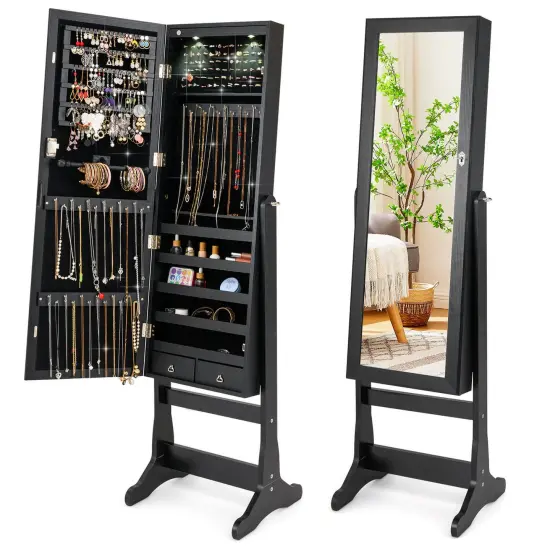 Costway Lockable Mirrored Jewelry Cabinet Armoire Organizer Storage with Stand & LED Lights White/Black/Brown {9}