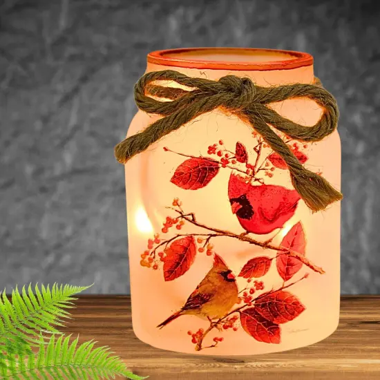 Stony Creek 4.5 Inch Cardinal W/ Aspen Jar W/ Rope Thanksgiving Lighted Glass Accent , Thanksgiving Decor Glass Birds Fall Lighted Clear {4}