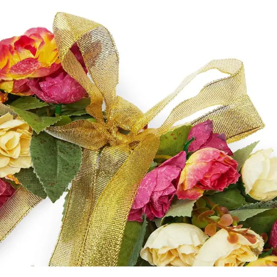 Rose Wreath with Ribbon for Front Door, Valentine Decor (13.3 in, Pink, Yellow) {5}