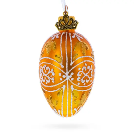 Amber Gold with White and Gold Filigree Design Mini Glass Egg Ornament 2.9 Inches {3}
